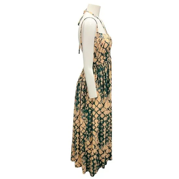 Ulla Johnson Peach / Green Fossil Print Freya Halter Midi Dress